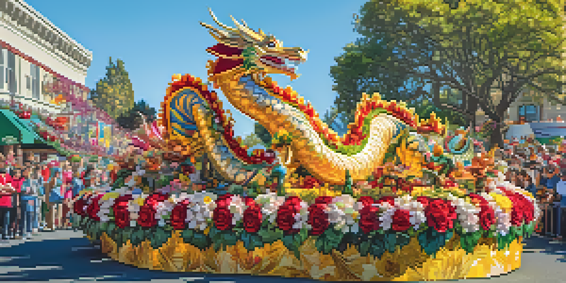 A colorful Rose Parade float shaped like a dragon, decorated with flowers and golden accents, moving through a parade with spectators taking photos.