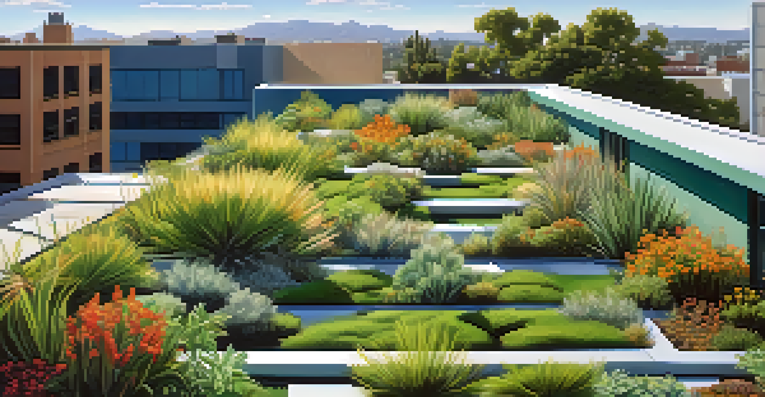 A green roof garden with diverse plants on a modern building in Pasadena under a blue sky.
