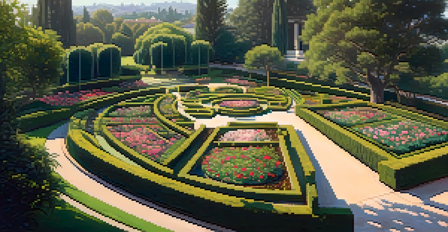 Aerial view of a beautifully arranged rose garden filled with colorful blooms, surrounded by lush greenery.