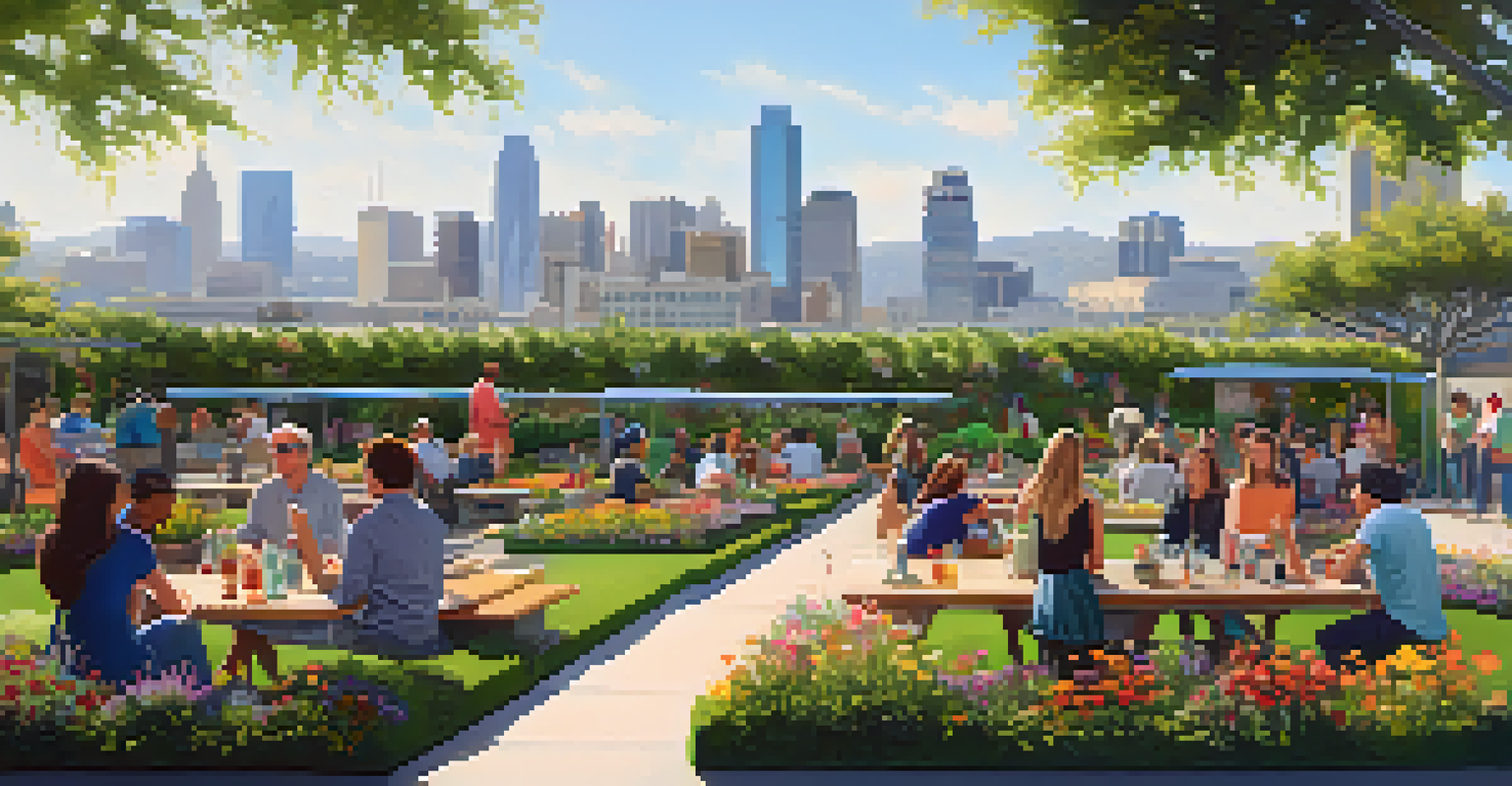 Residents enjoying a sunny day on a rooftop garden in Pasadena, with picnic tables and vibrant flowers in view against the city skyline.