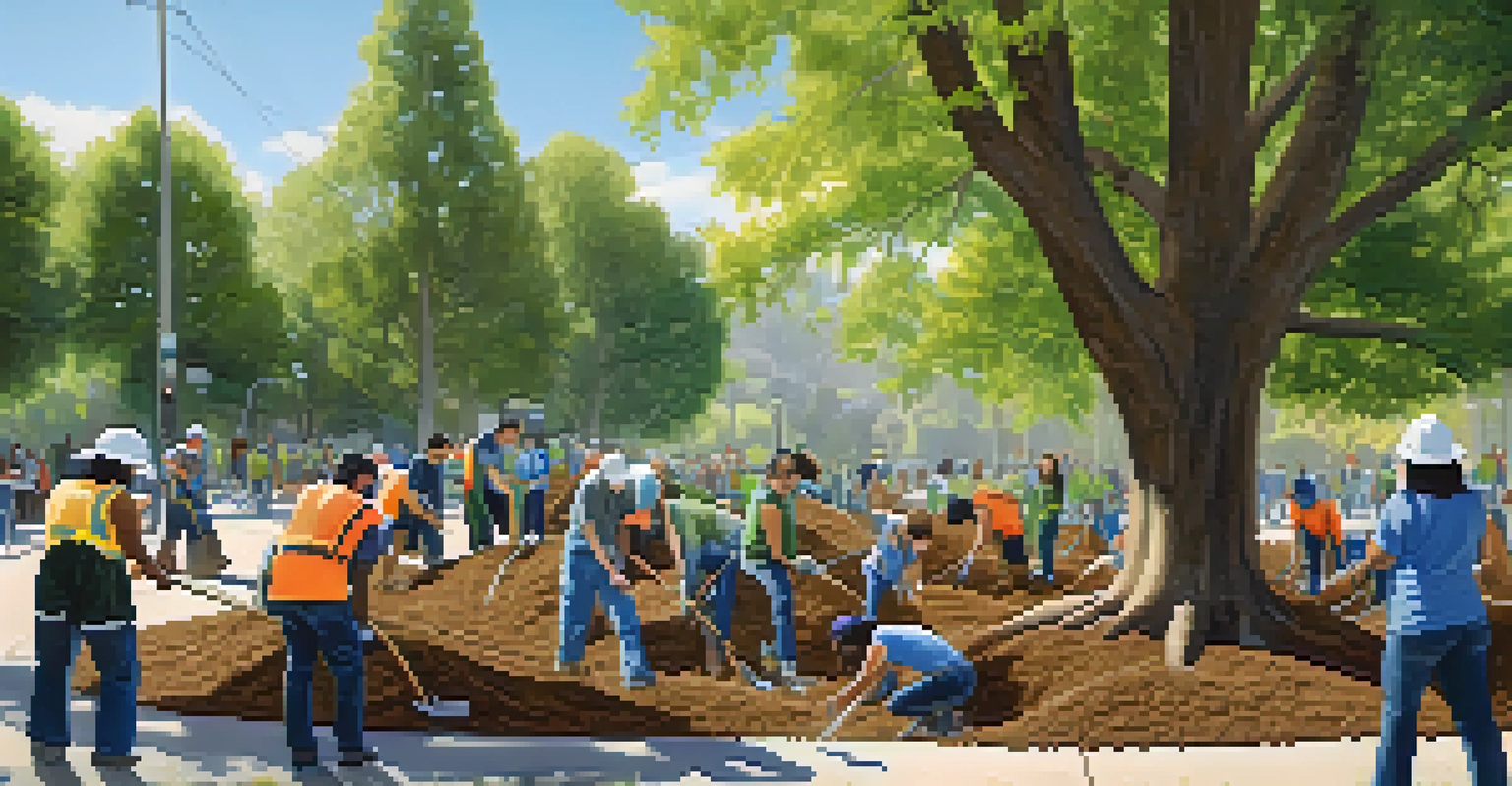 Volunteers of different backgrounds planting trees together in a park during a community event.