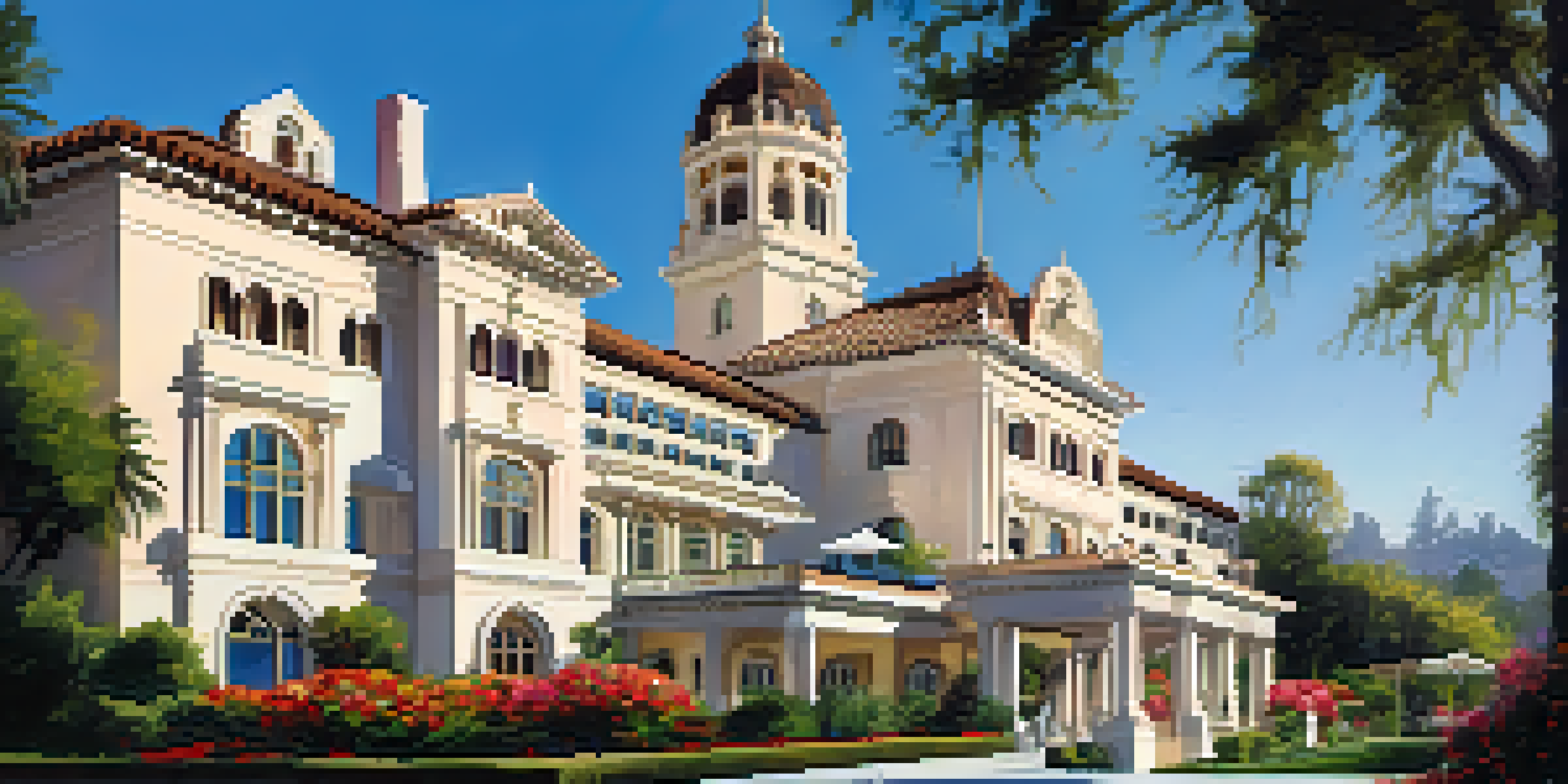 A scenic view of the Langham Huntington Hotel featuring its grand architecture and lush gardens.