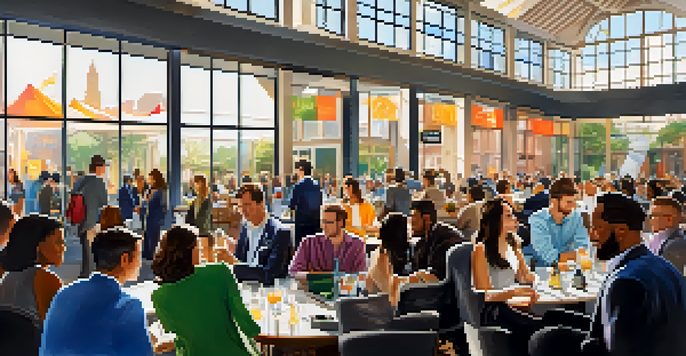 A lively tech event in Pasadena with diverse attendees networking and discussing ideas, illuminated by sunlight.