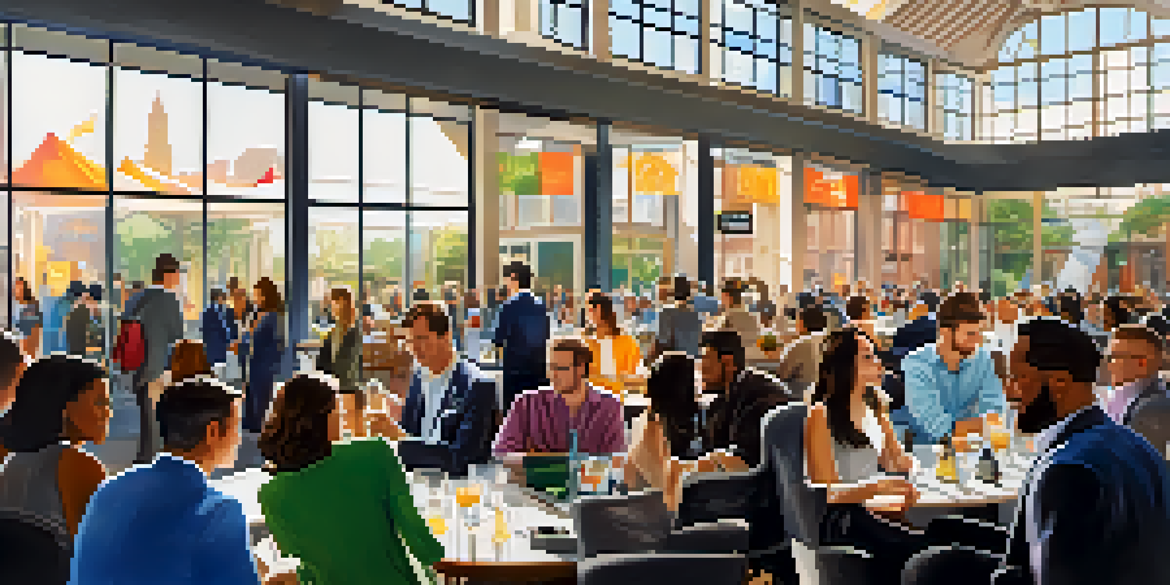 A lively tech event in Pasadena with diverse attendees networking and discussing ideas, illuminated by sunlight.