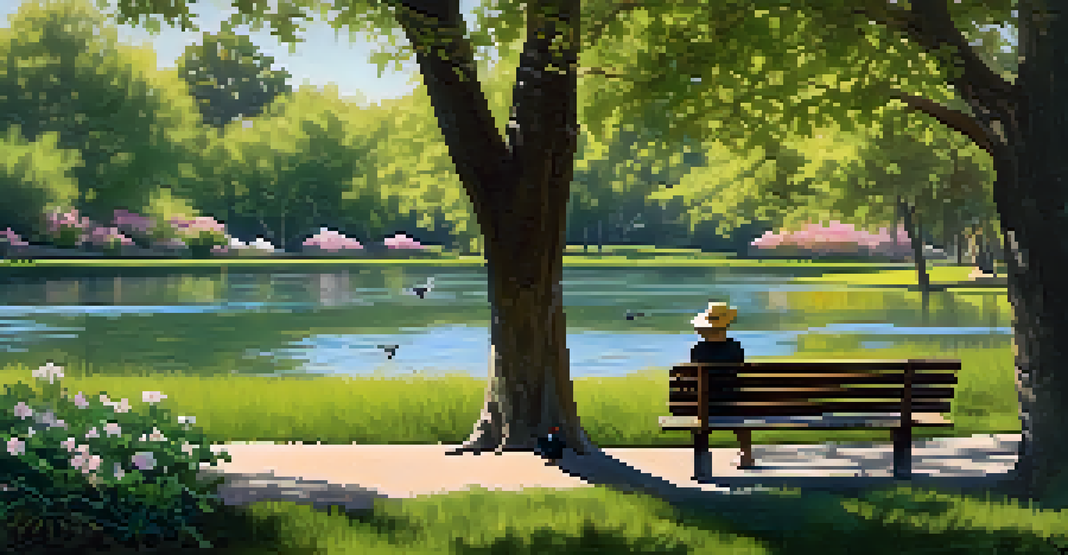 A quiet park scene with a pond, trees, and flowers, where a person reads under a tree, surrounded by birds.