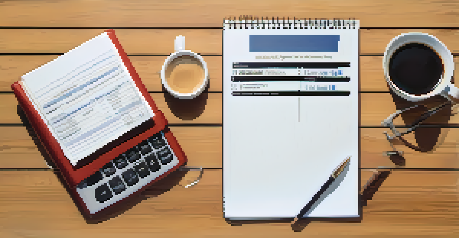 Close-up of a budget document on a table with a calculator, coffee cup, and notepad in warm morning light.