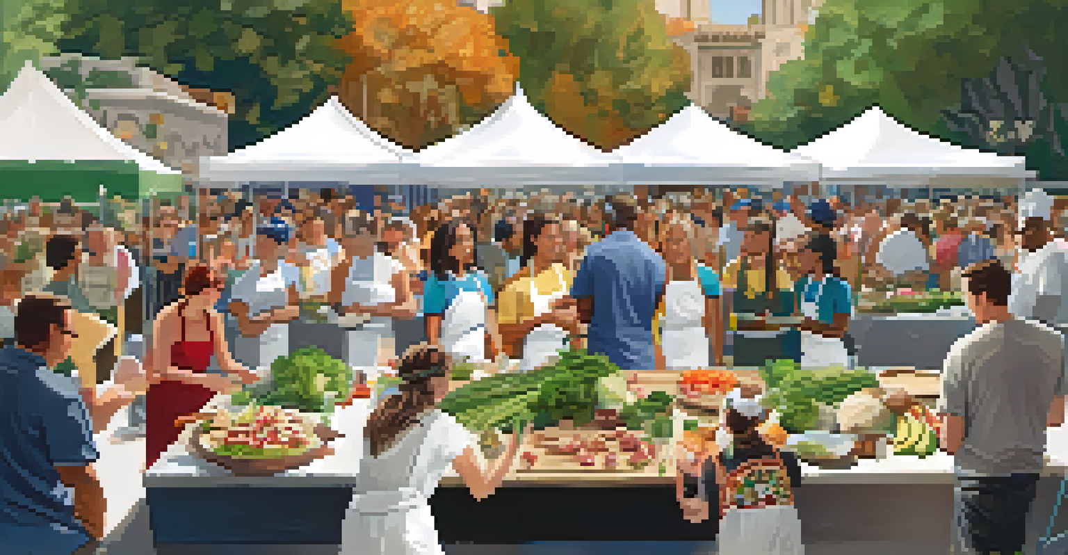 An aerial view of a cooking demonstration at a food festival, with a chef and an engaged audience.