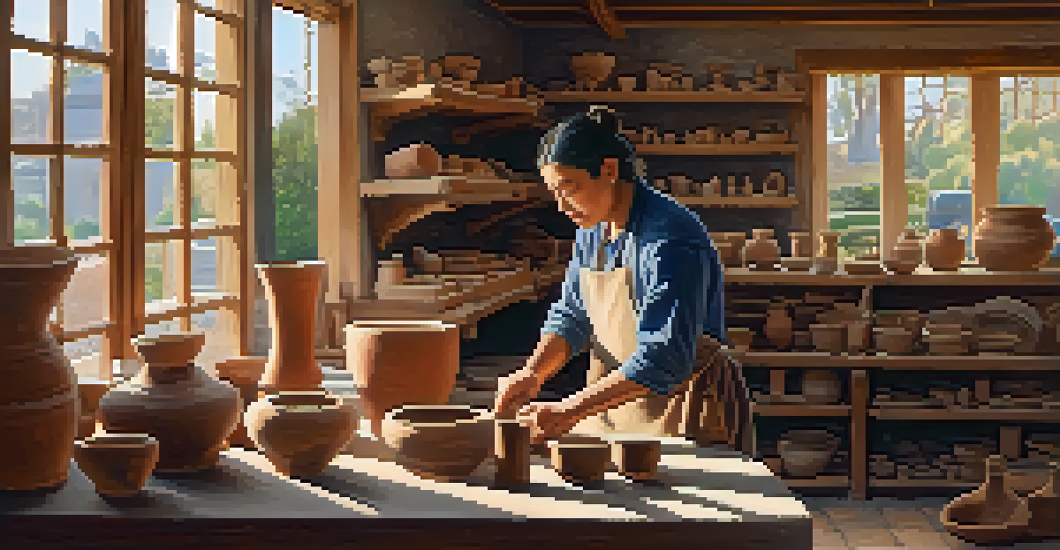 A potter at work in a bright artisan workshop, shaping clay on a wheel with various artworks and tools in the background.
