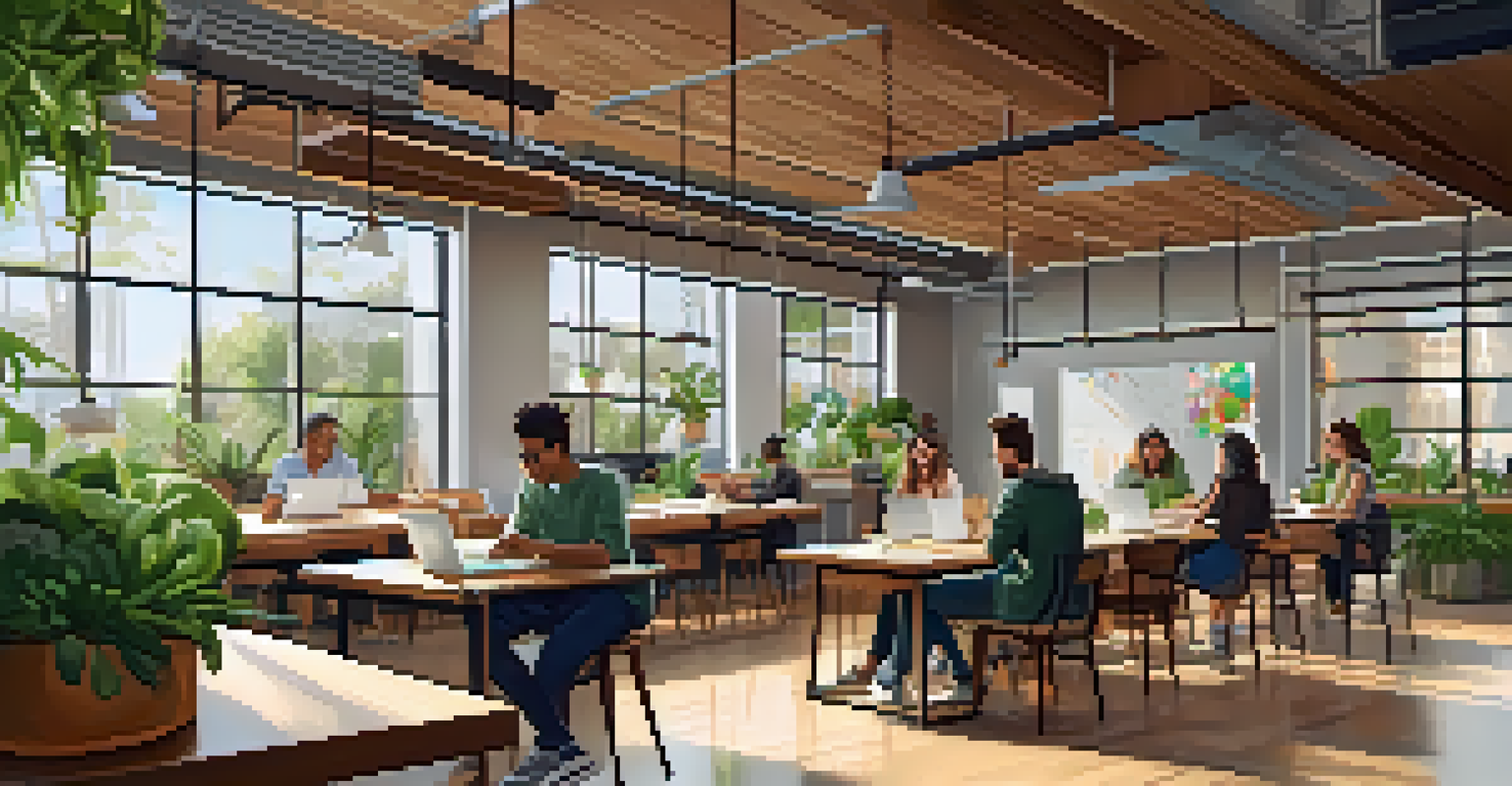 A bright co-working space in Pasadena with entrepreneurs working together at a round table and on laptops amidst greenery and natural light.