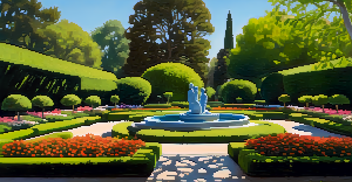 A peaceful sculpture garden at the Norton Simon Museum with modern sculptures and colorful flowers under a clear sky.