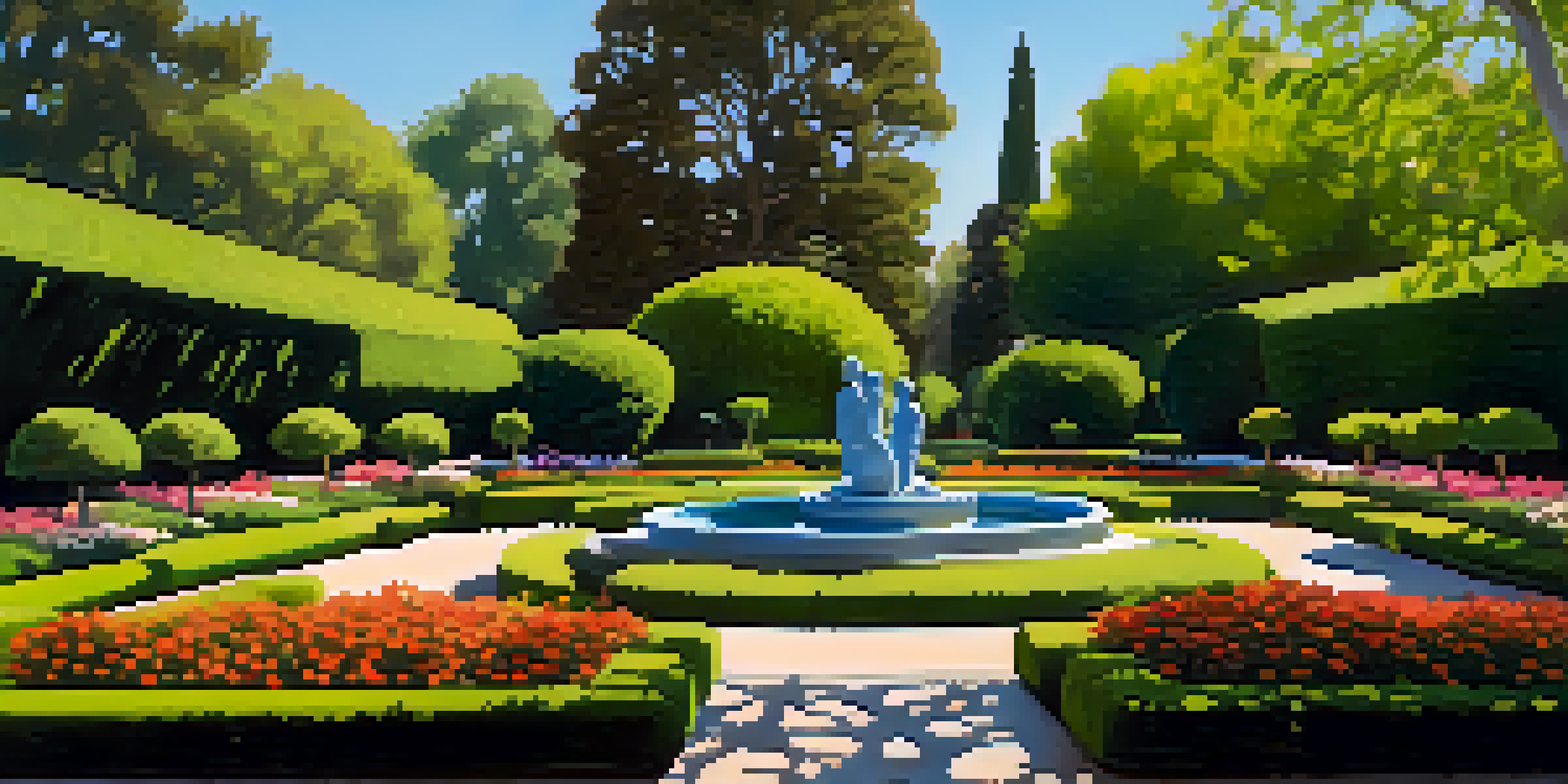 A peaceful sculpture garden at the Norton Simon Museum with modern sculptures and colorful flowers under a clear sky.