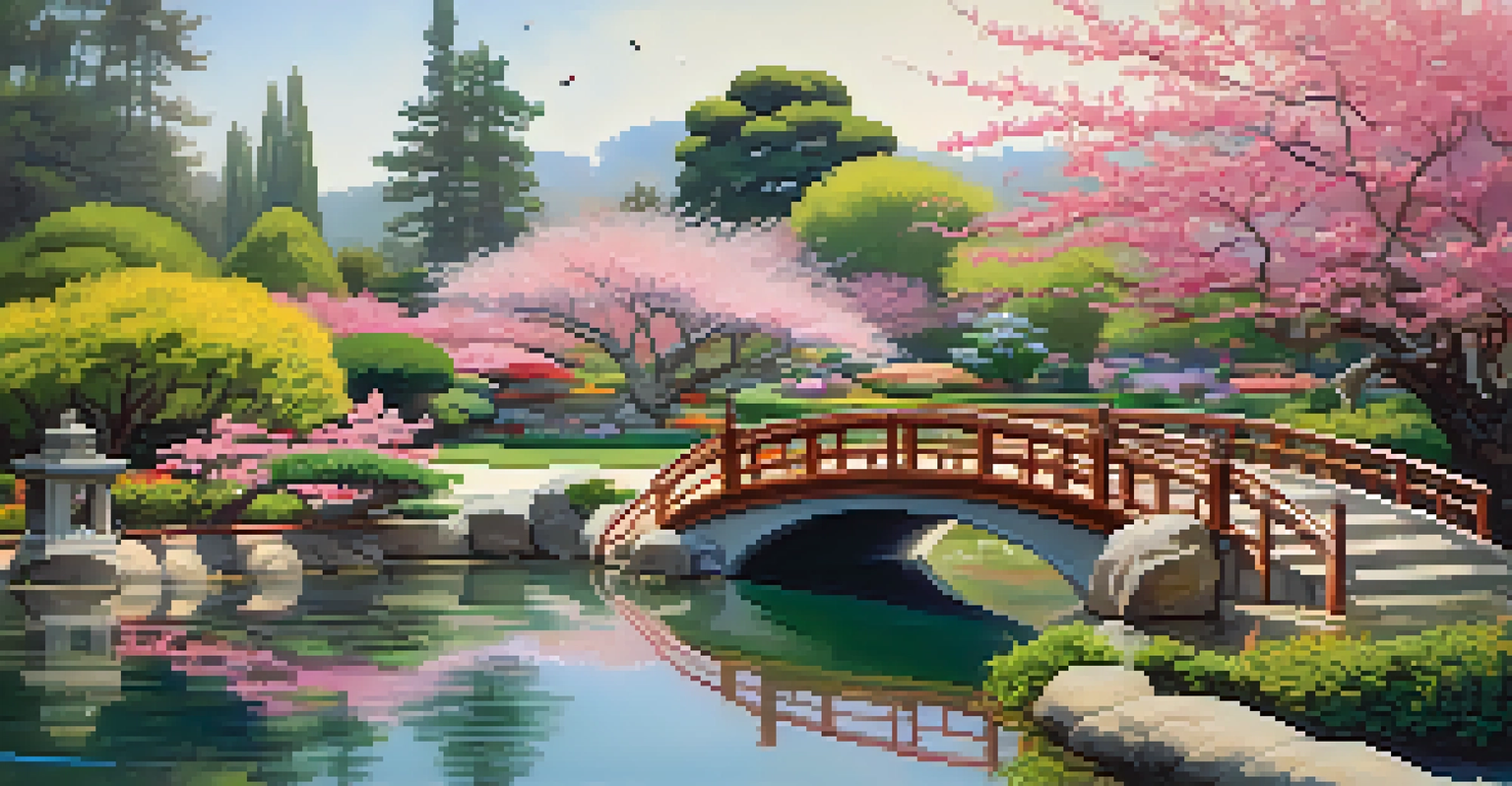 A Japanese garden with a koi pond, footbridge, and blooming cherry blossoms.