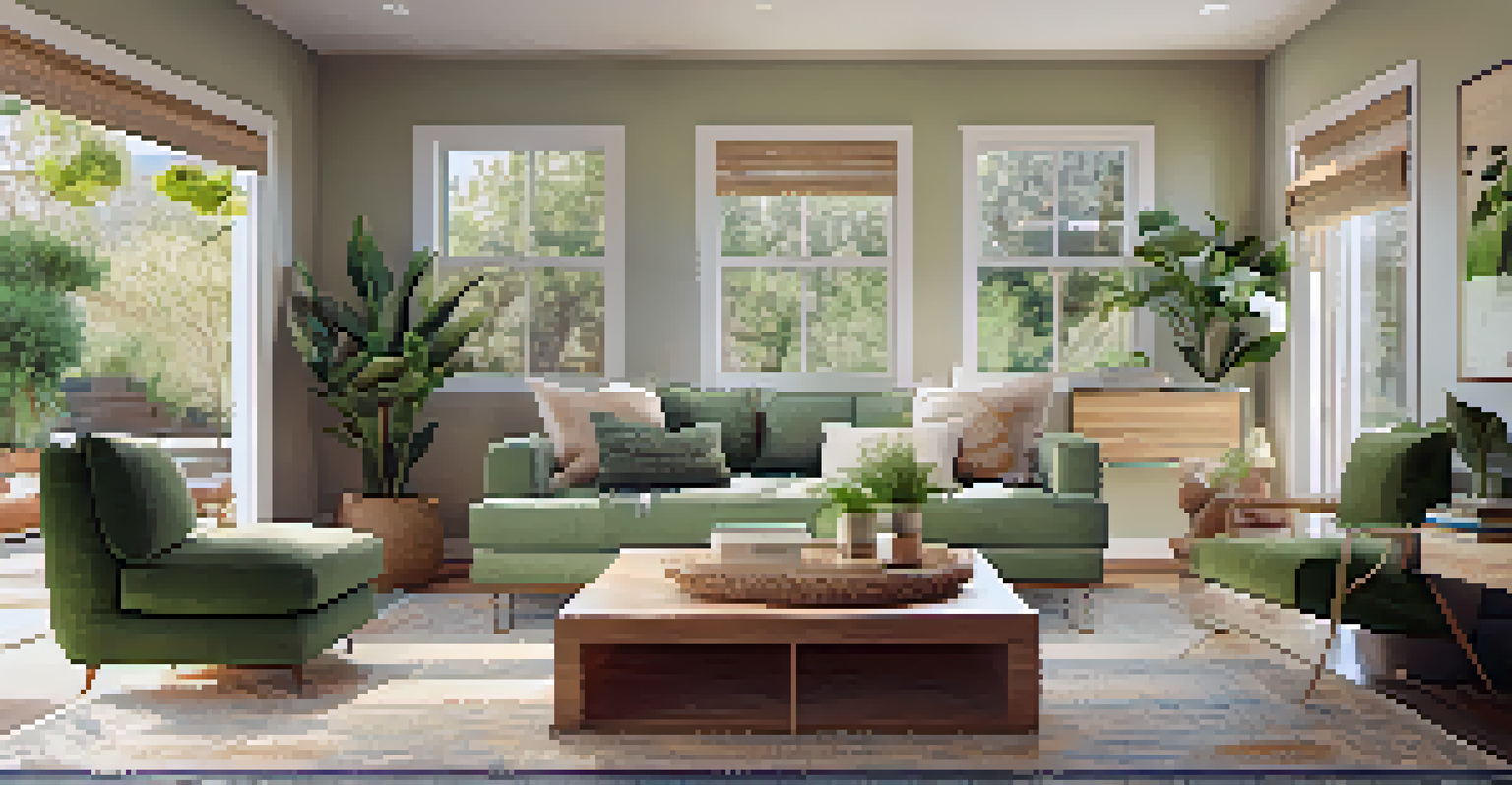 Interior of a modern living room in Pasadena with eco-friendly design, plants, and natural light.