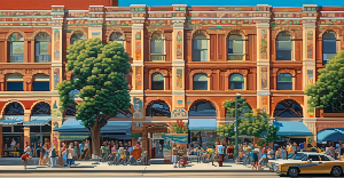 A colorful mural illustrating Pasadena's history with the Colorado Street Bridge, under warm afternoon sunlight.