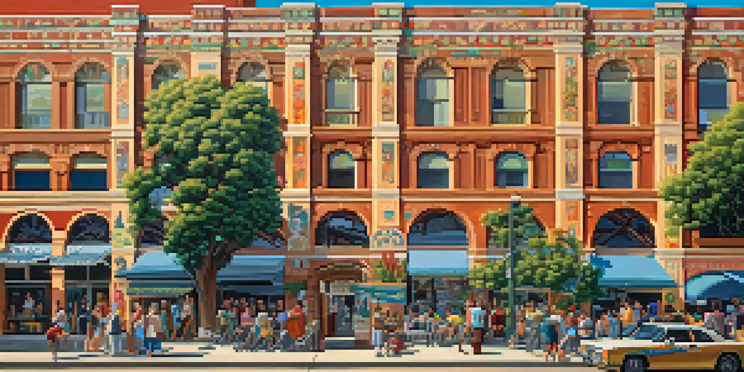 A colorful mural illustrating Pasadena's history with the Colorado Street Bridge, under warm afternoon sunlight.