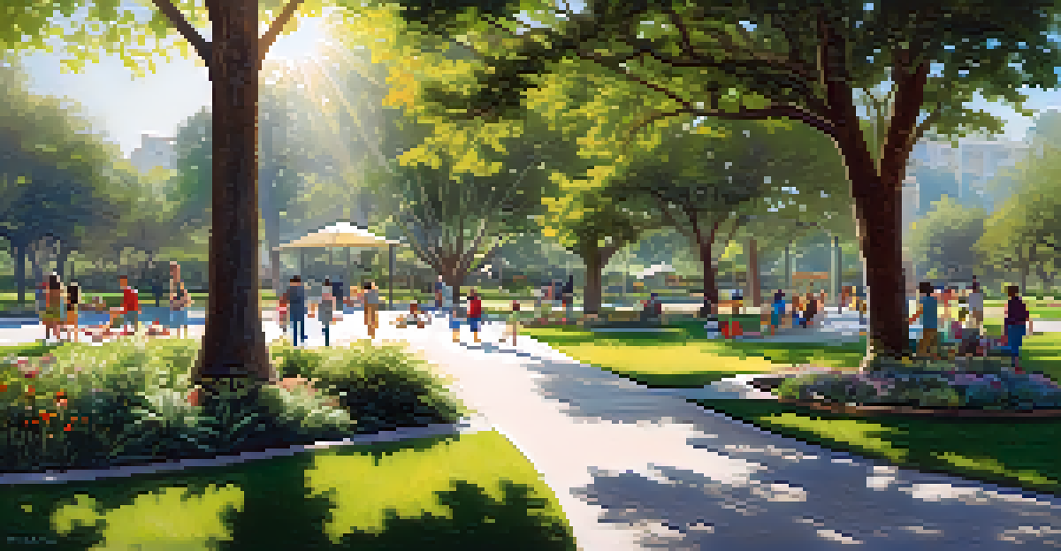A renovated park in Pasadena with a playground, lush greenery, and families enjoying the outdoors under sunlight filtering through trees.