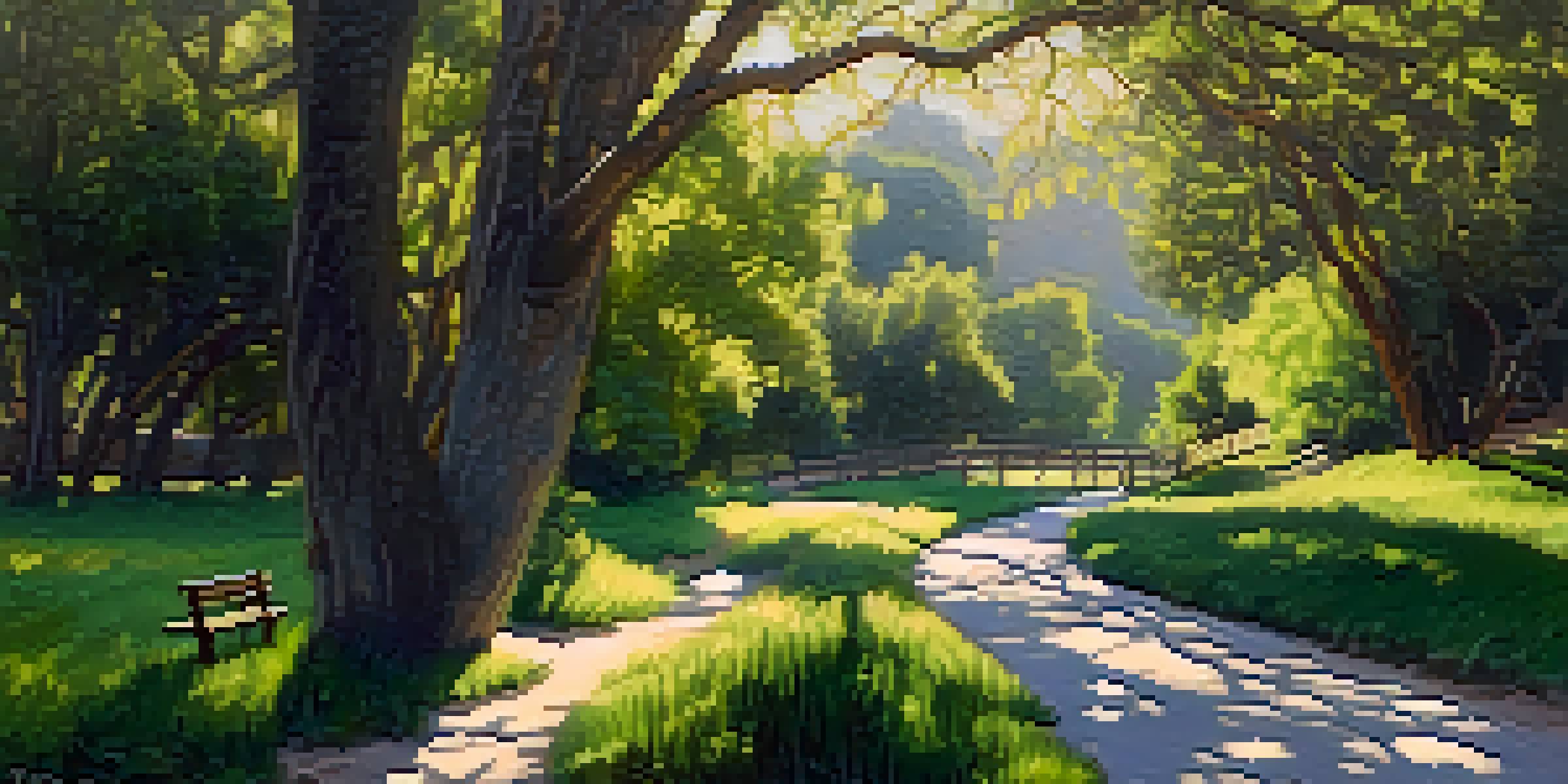 A peaceful park scene with green trees and a winding trail by a river, illuminated by soft morning sunlight.