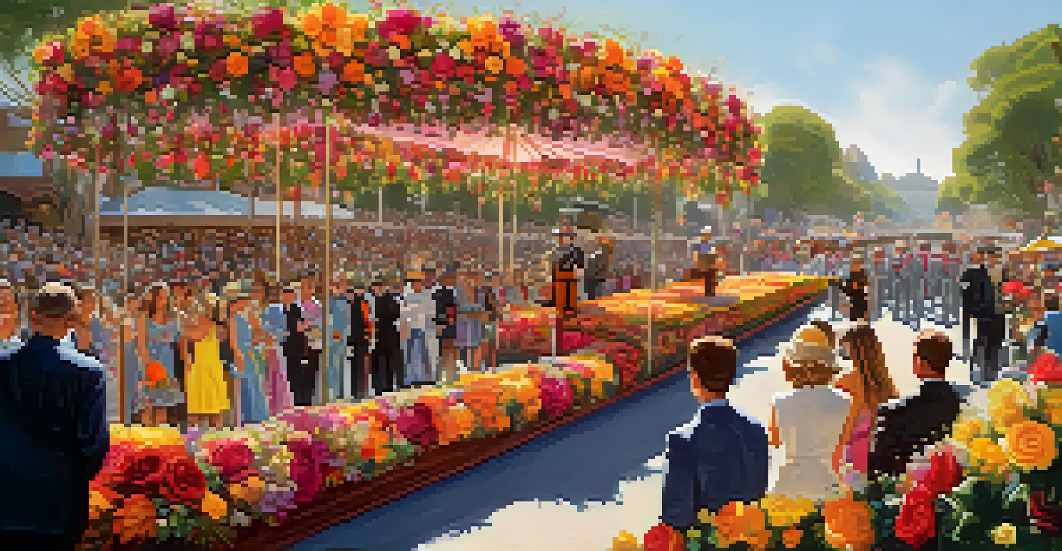 A colorful scene from the Rose Parade with a floral float and elegantly dressed attendees enjoying the festivities.