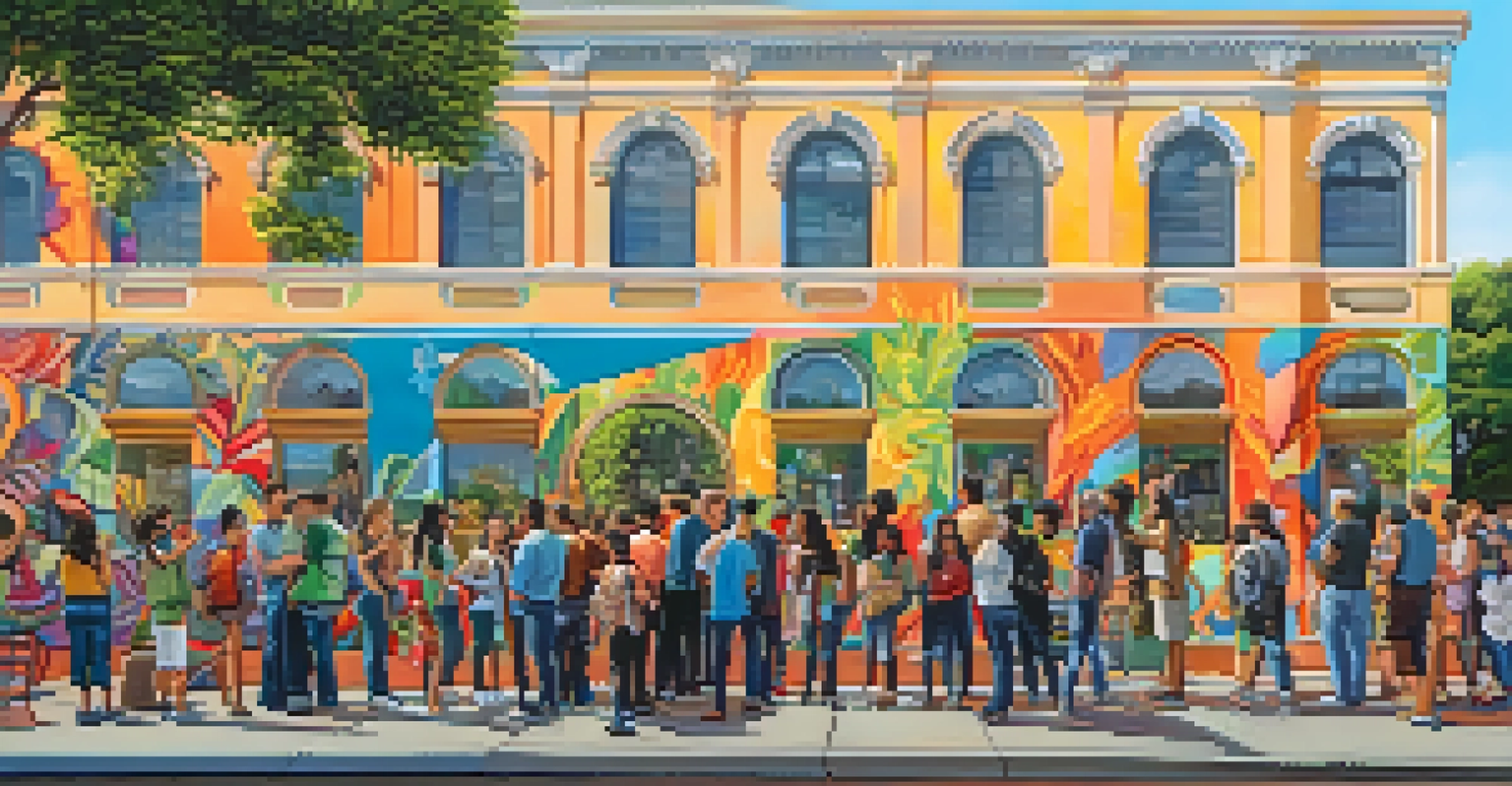 A stunning public mural in Pasadena showcasing the city's heritage, with people admiring the vibrant artwork and greenery around.