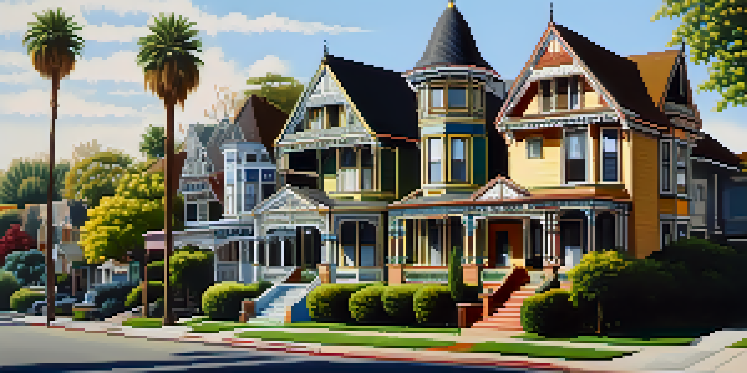 A row of colorful Victorian homes in Pasadena with intricate designs and blooming gardens under a sunny sky.