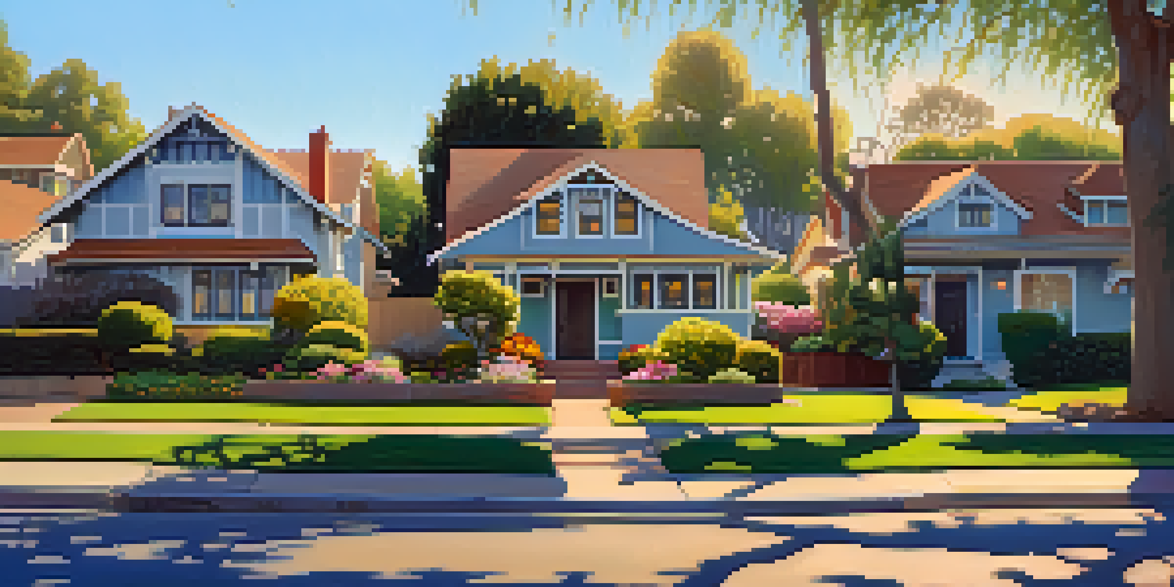 A picturesque suburban street in Pasadena with craftsman homes and blooming gardens under golden sunlight.