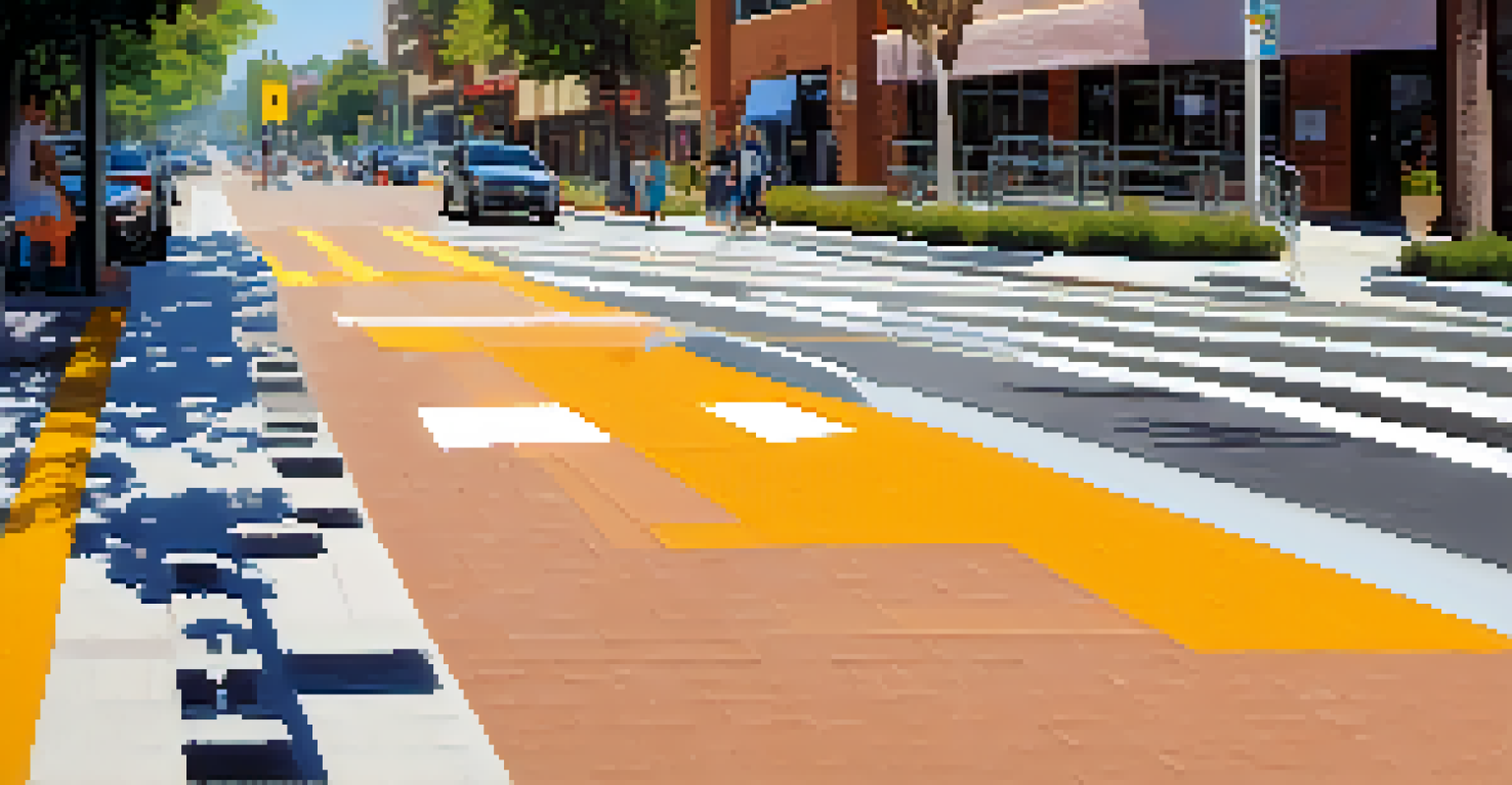 Close-up of an accessible crosswalk with tactile paving and clear signage in Pasadena on a sunny day.