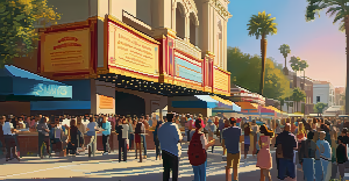 A lively scene of people talking outside a historic theater during the Pasadena International Film Festival, with colorful banners and warm sunlight.