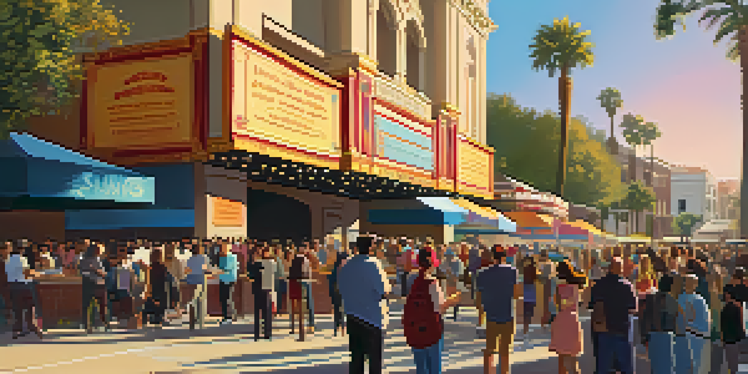 A lively scene of people talking outside a historic theater during the Pasadena International Film Festival, with colorful banners and warm sunlight.