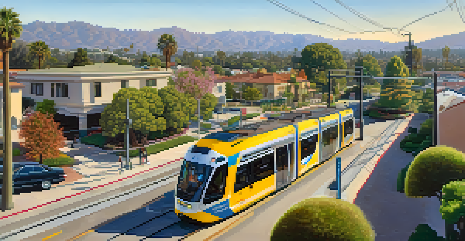 An aerial view of Pasadena's light rail system, showing the Gold Line and key landmarks like the Norton Simon Museum and Rose Bowl surrounded by vibrant neighborhoods.