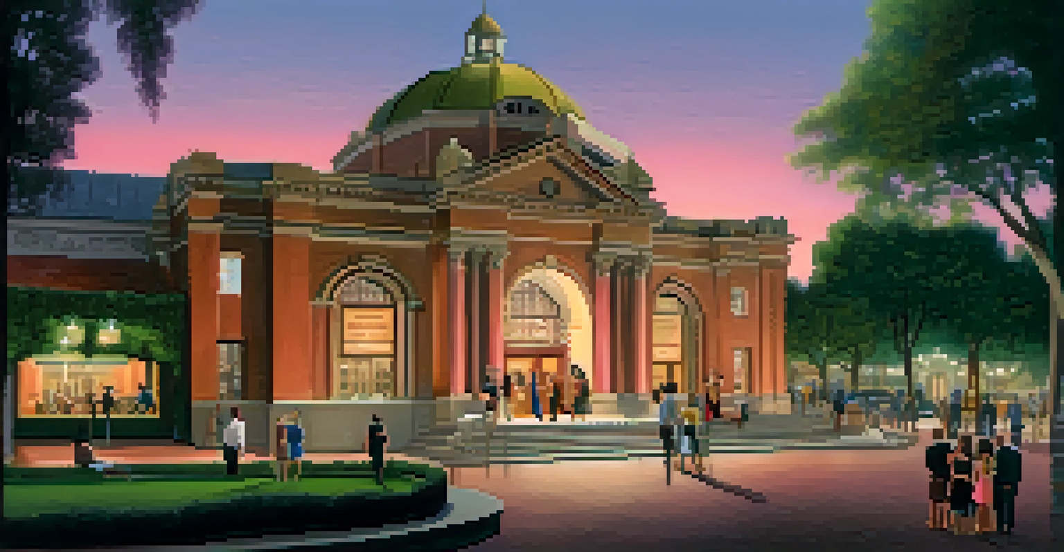 The exterior of Pasadena Playhouse at dusk, showcasing its architecture and welcoming atmosphere.