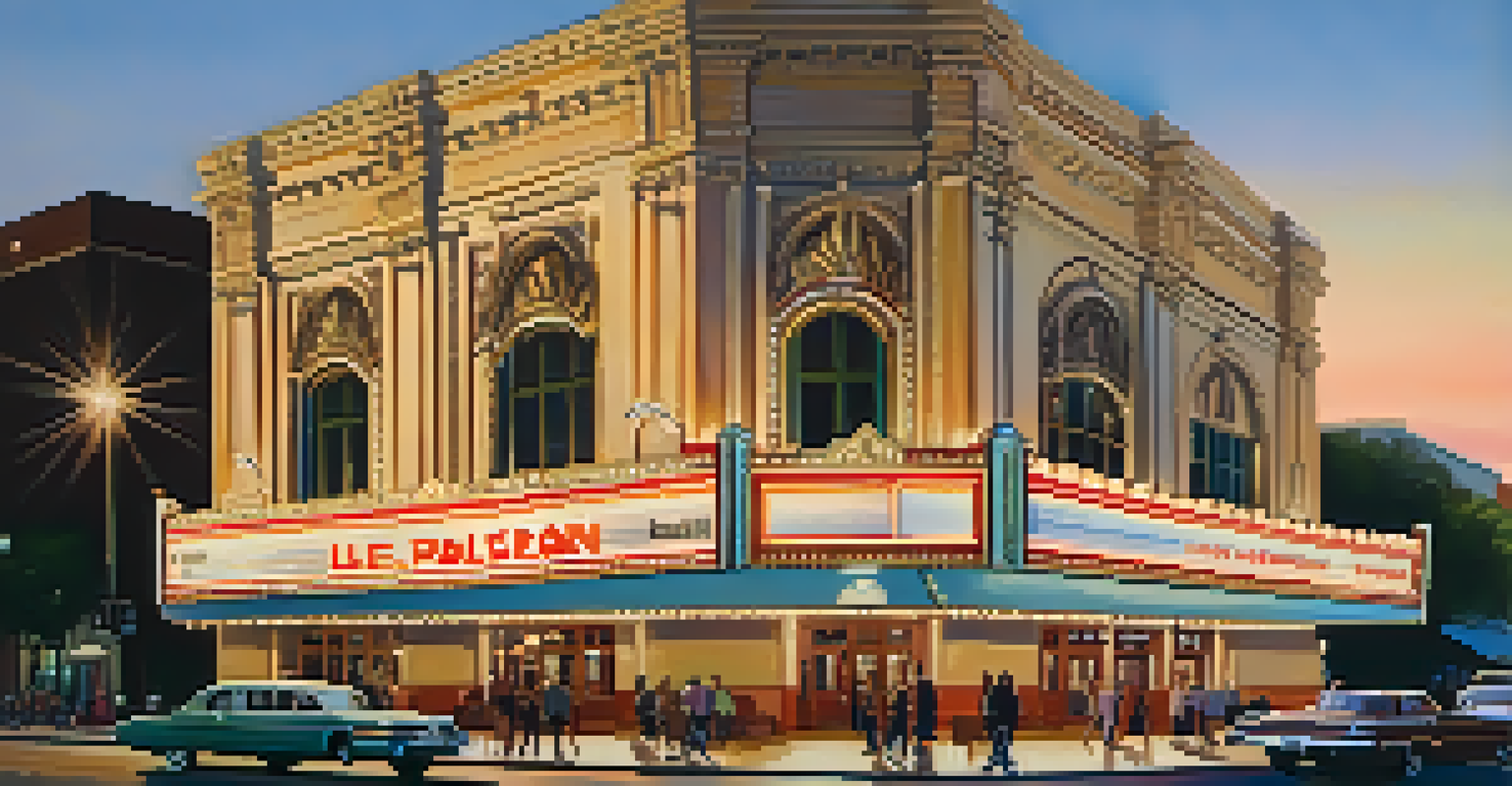 A historic theater with ornate architecture and people outside, illuminated by sunset light.