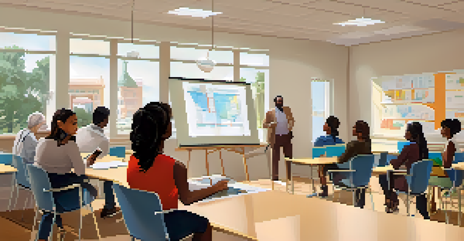 Residents participating in a civic engagement workshop in a bright classroom, engaging in discussions and learning about local governance.