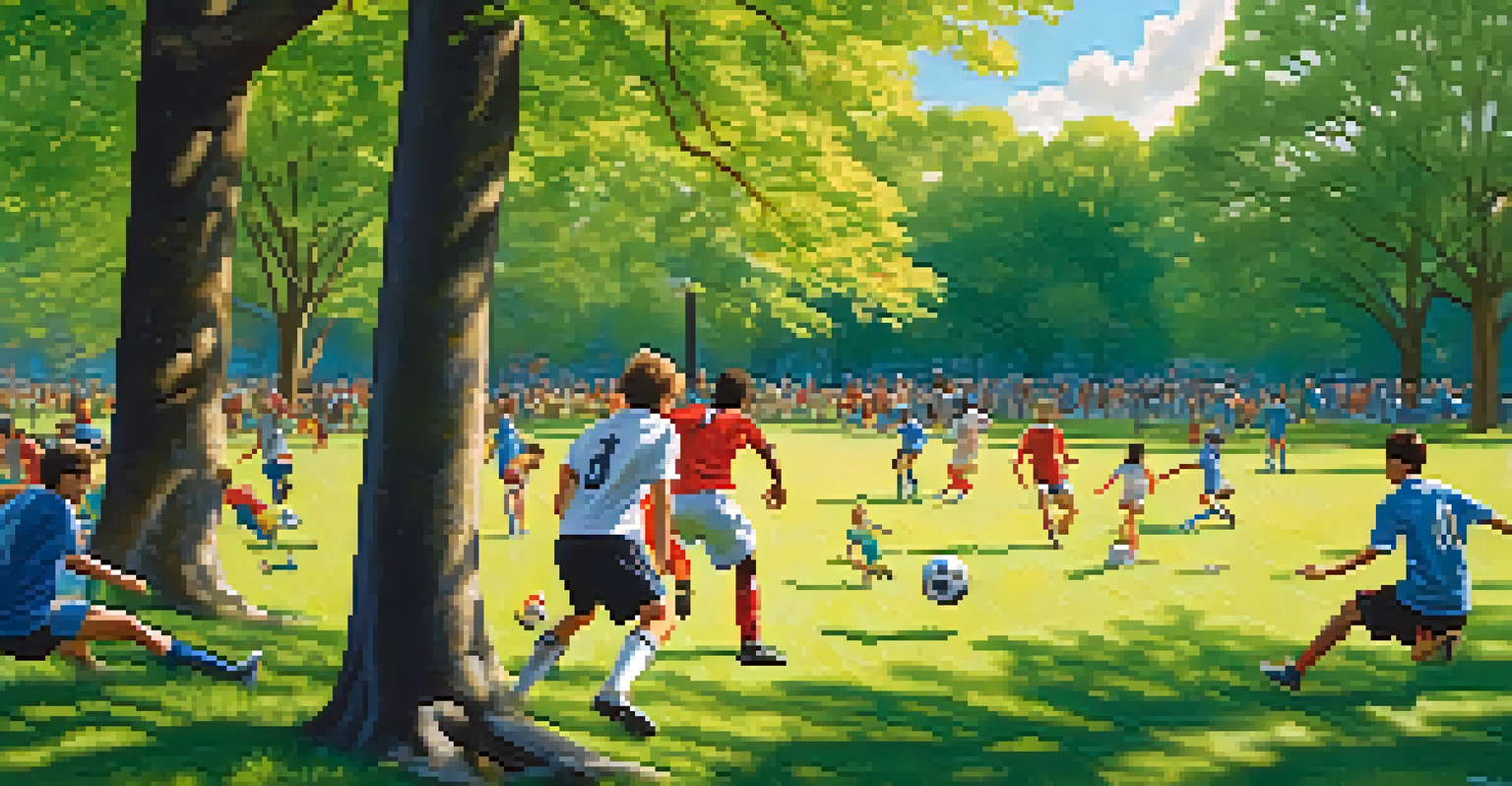 A friendly soccer game taking place in a sunny park with players and trees in the background.