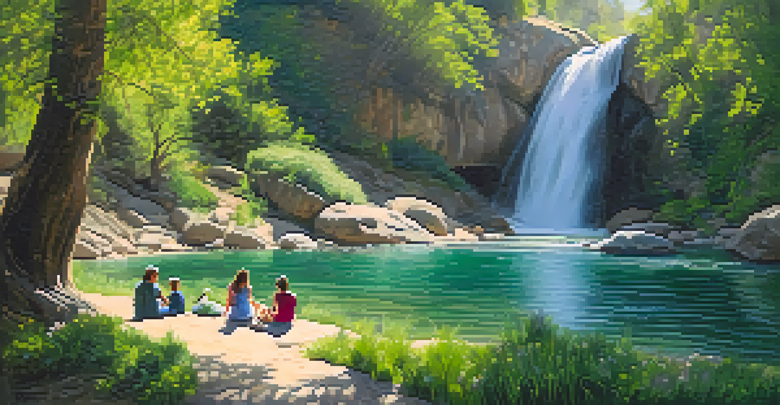 A family having a picnic near Eaton Canyon's waterfall, surrounded by lush greenery and wildflowers.