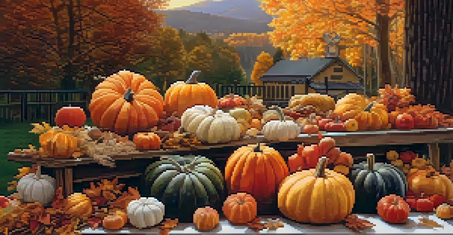 An autumn display of pumpkins and apples on a wooden table, surrounded by colorful fall leaves and warm lighting.