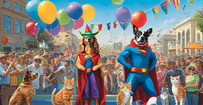 A joyful pet parade in Pasadena with a superhero dog and a wizard hat cat, surrounded by happy people and colorful decorations.