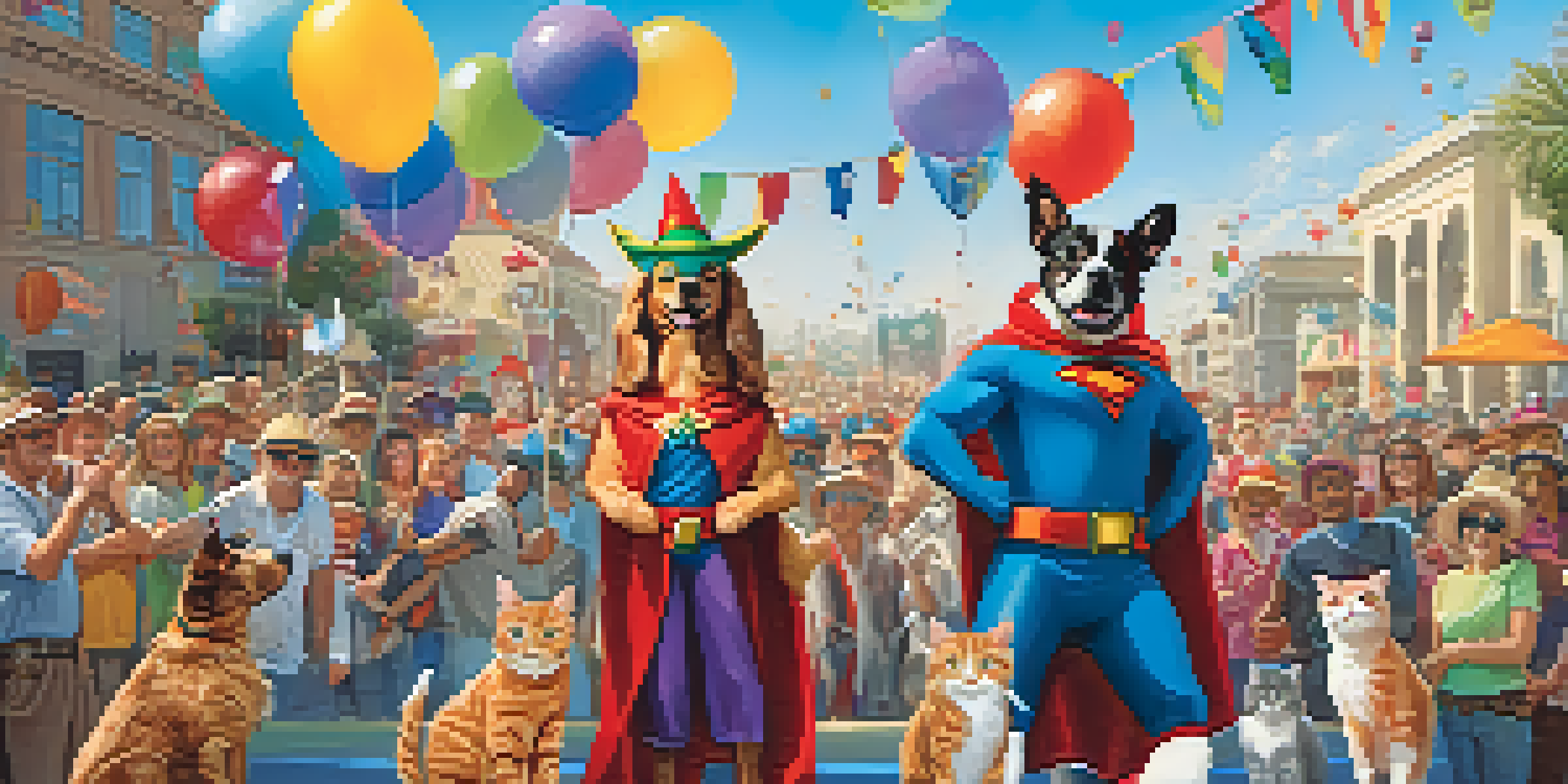 A joyful pet parade in Pasadena with a superhero dog and a wizard hat cat, surrounded by happy people and colorful decorations.