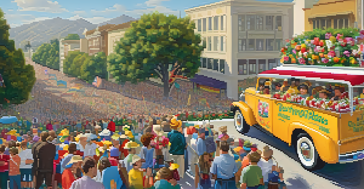 A lively crowd enjoying the Rose Parade, with colorful floats and families celebrating together along the parade route.
