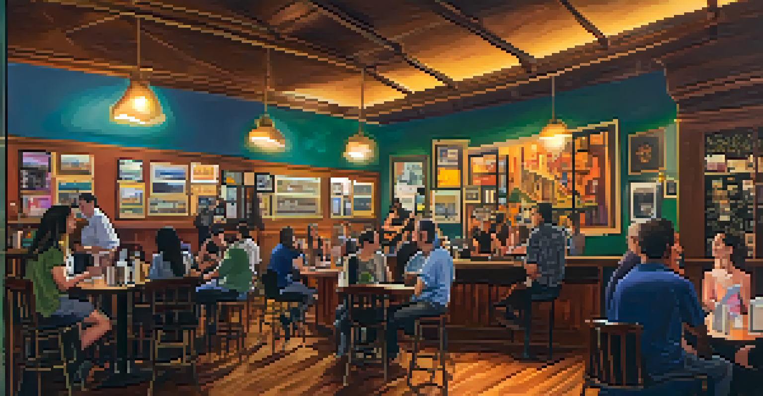 A coffee shop in Pasadena during an open mic night, with local musicians performing and patrons enjoying their drinks in a warm, inviting atmosphere.