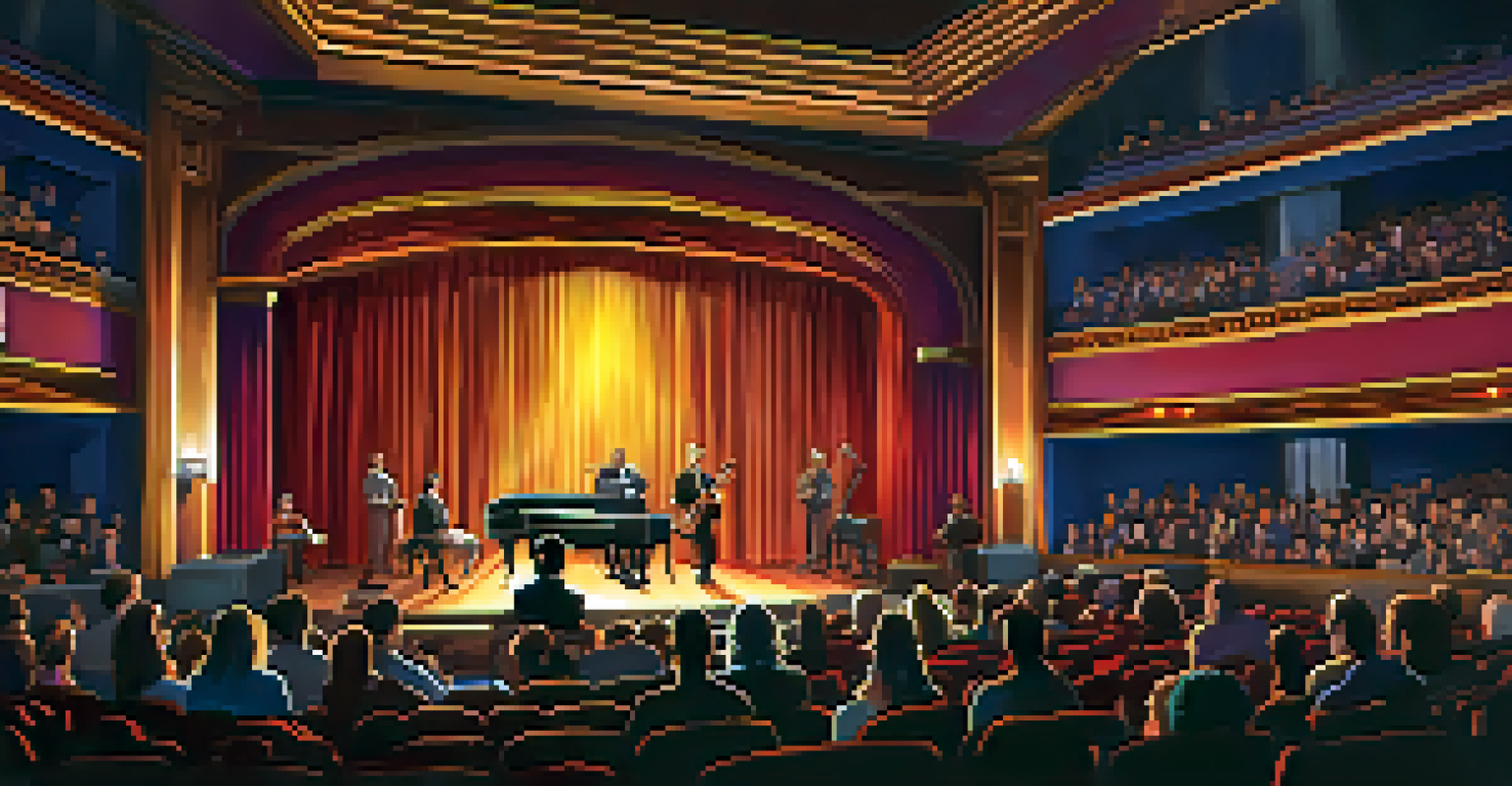 A modern theater interior with a diverse cast performing on stage, surrounded by an engaged audience and warm ambient lighting.