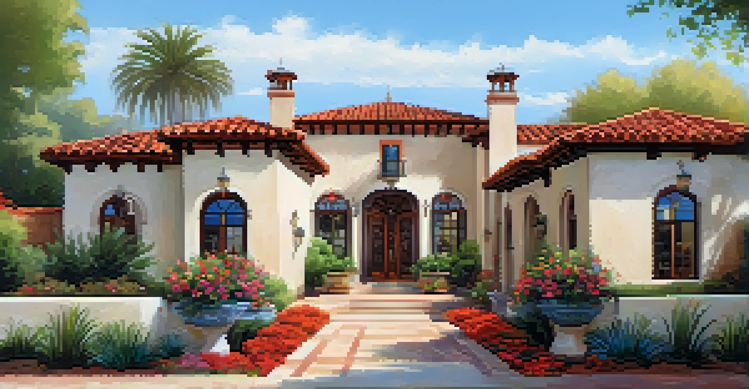 A Spanish Revival home with stucco exterior and red-tiled roof, featuring a colorful courtyard and large arched windows.