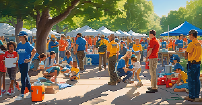 A community emergency preparedness drill in Pasadena with diverse residents participating in training, emergency vehicles in the background, and bright sunlight filtering through trees.