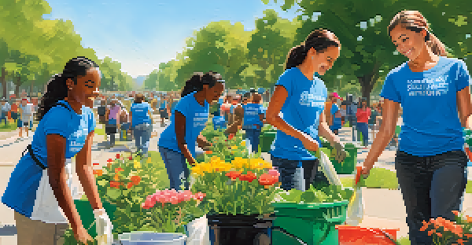 Diverse young volunteers engaging in a community clean-up event in a sunny park, picking up litter and planting flowers.
