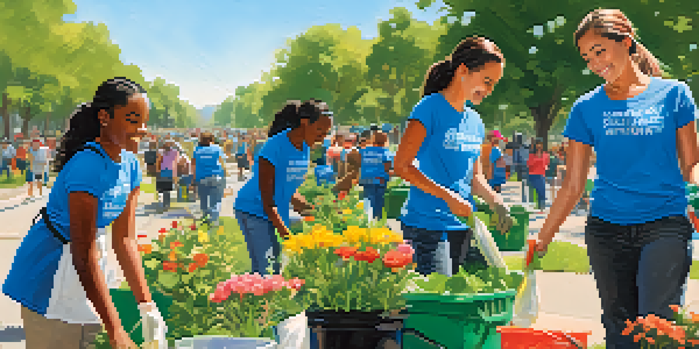 Diverse young volunteers engaging in a community clean-up event in a sunny park, picking up litter and planting flowers.