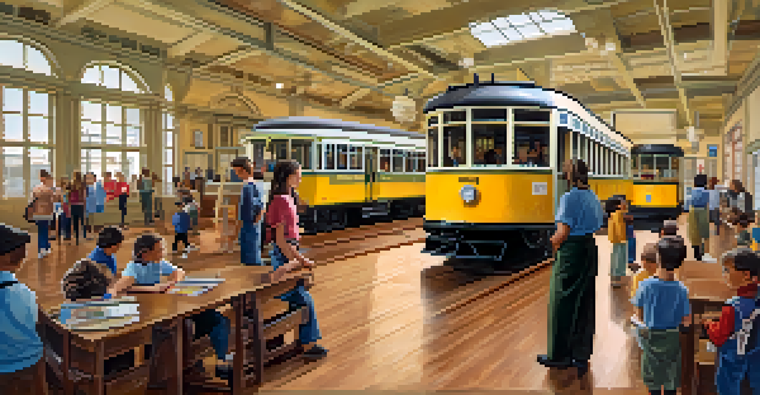 Children attending a workshop at a community center, learning about Pasadena's transport history with models and photographs around them.