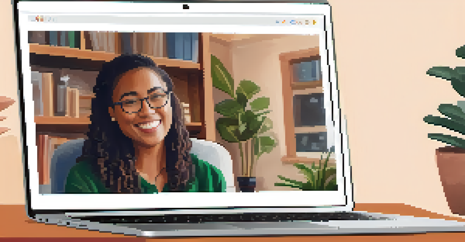 An online therapy session on a laptop screen, showing a therapist and a client in a cozy setting.