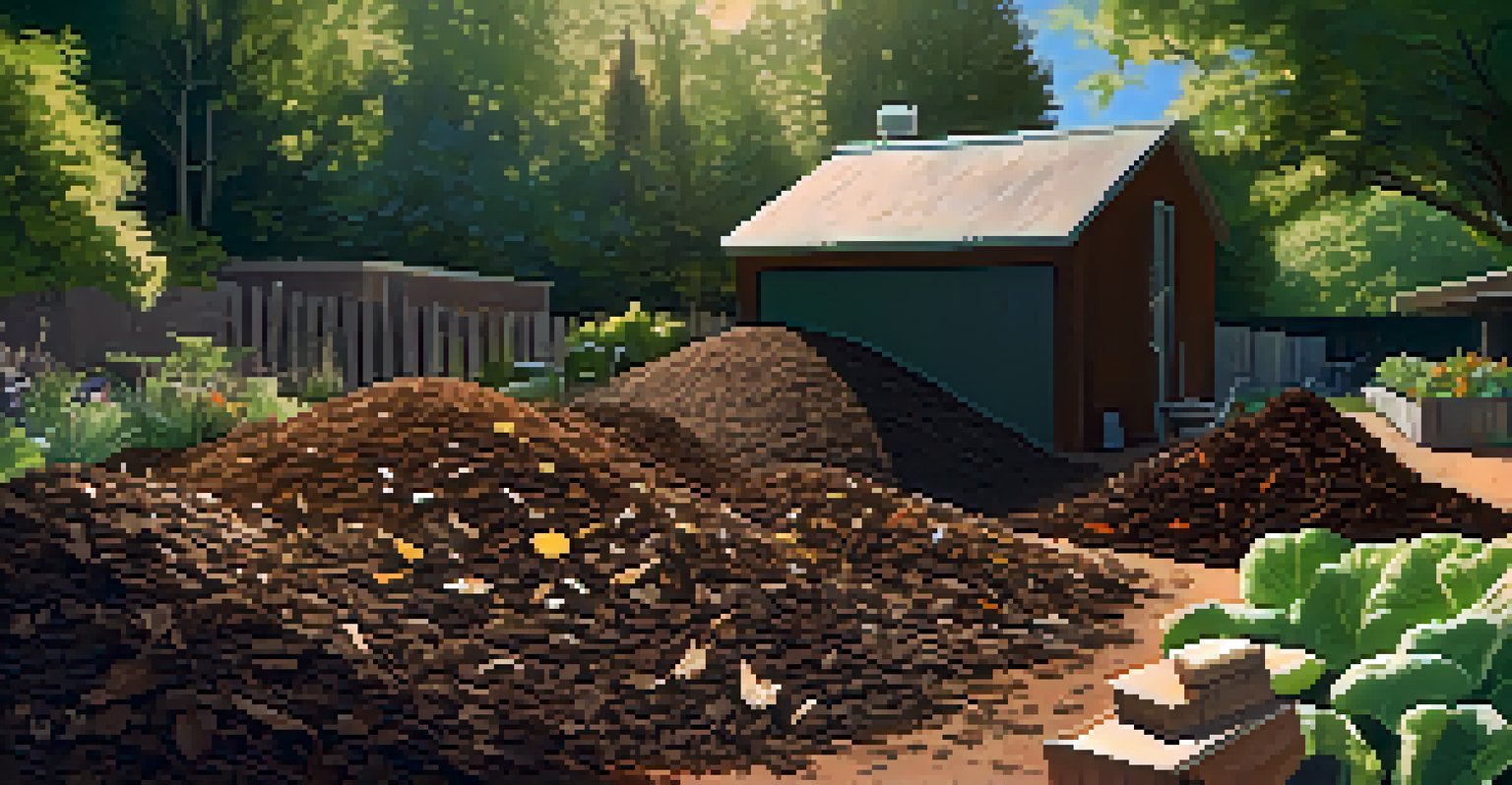 A close-up of a composting area in a community garden, showing layers of organic waste and beneficial insects.