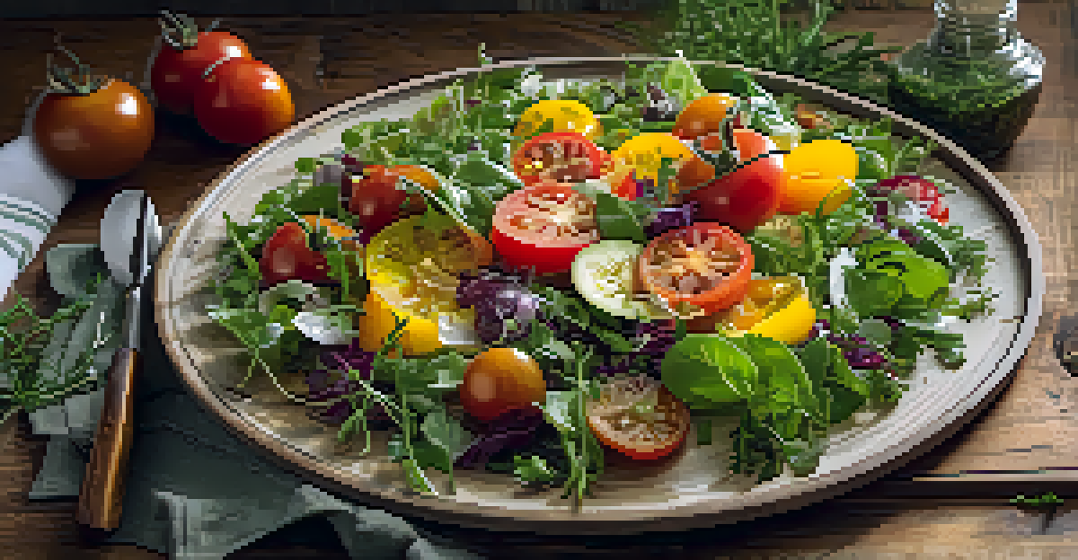 A colorful farm-to-table salad with heirloom tomatoes and greens on a rustic plate, surrounded by fresh vegetables and herbs.
