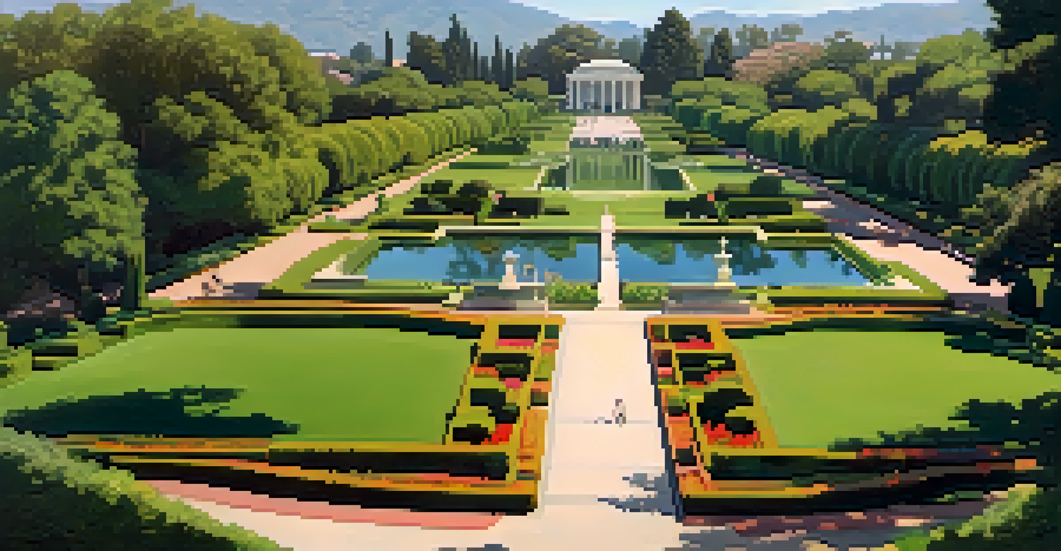An aerial view of the Huntington Library and Botanical Gardens with blooming flowers and lush greenery.