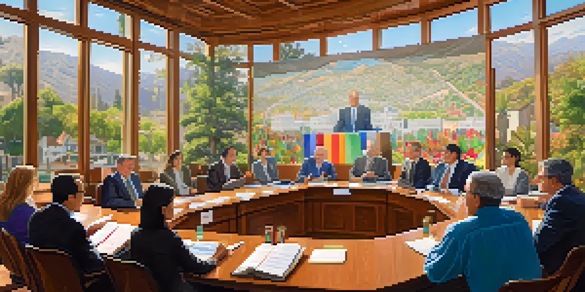 A diverse group of elected officials in a city council meeting, surrounded by natural light and local artwork.